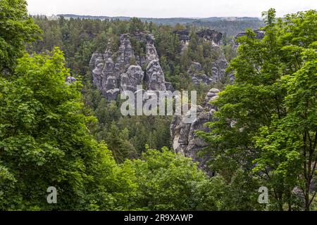 Malerweg durch die Sächsische Schweiz. Rathen, Deutschland. Die Felstürme und Klippen in der Sächsischen Schweiz bilden eine romantische Kulisse. Die unzugänglichen Felsmassiven sind Inseln unberührter Natur und sichere Nistplätze für seltene Vogelarten Stockfoto