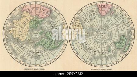 Welt. Nördliche Hemisphäre Und Südliche Hemisphäre. JOHNSON 1866 alte Karte Stockfoto