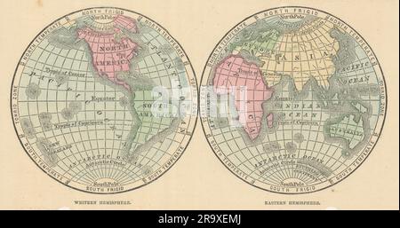 Welt. Westliche Hemisphäre Und Östliche Hemisphäre. JOHNSON 1866 alte Antiquitätenkarte Stockfoto