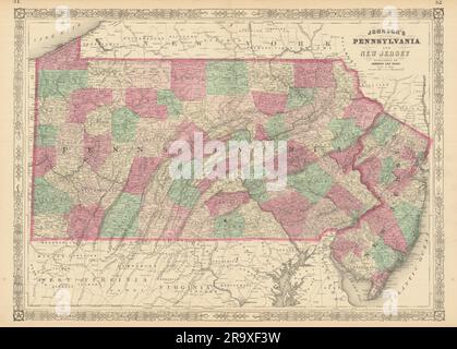 Johnsons Pennsylvania und New Jersey. KARTE des US-Bundesstaates mit Bezirken 1866 Stockfoto