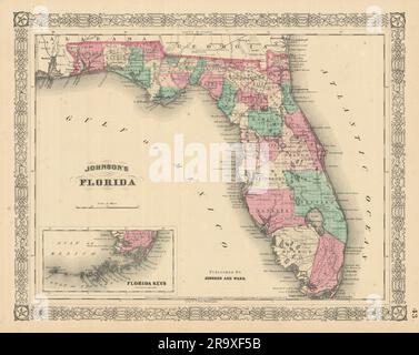 Johnson ist Florida. Florida Keys. KARTE des US-Bundesstaates mit 1866 alten Bezirken Stockfoto