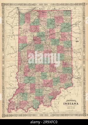 Johnson ist Indiana. KARTE des US-Bundesstaates mit 1866 alten Antiquitätenkarten der Counties Stockfoto