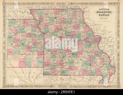 Johnson's Missouri & Kansas. KARTE des US-Bundesstaates mit 1866 alten Bezirken Stockfoto