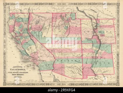 Johnson's California mit Utah, Nevada, Colorado, New Mexico und Arizona 1866-Karte Stockfoto
