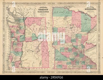 Johnson's Oregon, Washington und Minnesota. KARTE des US-Bundesstaates mit Bezirken 1866 Stockfoto