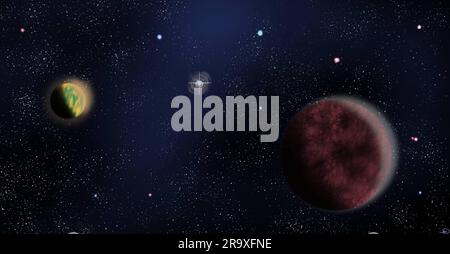 Eine ätherische Illustration einer Weltraumszene mit mehreren Planeten und einer Vielzahl funkelnder Sterne Stockfoto