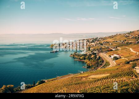 Herrliche Herbstlandschaft der Lavaux Weinberge swiss riviera Lausanne Area Kanton Vaud Schweiz Stockfoto