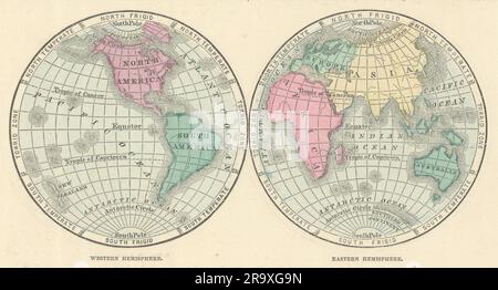 Welt. Westliche Hemisphäre Und Östliche Hemisphäre. JOHNSON 1861 alte Antiquitätenkarte Stockfoto