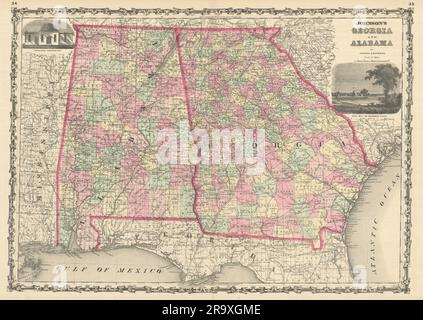 Johnson's Georgia & Alabama. KARTE des US-Bundesstaates mit 1861 alten Bezirken Stockfoto