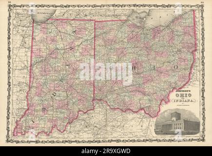 Johnson's Ohio & Indiana. Karte des US-Bundesstaates mit 1861 alten Antiquitäten Stockfoto