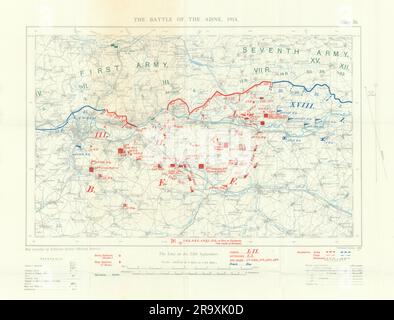 Die Schlacht der Aisne, 1914. Erster Weltkrieg. 1933 alte alte Karte Stockfoto