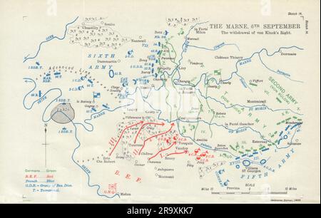 Schlacht der Marne am 6. September 1914. Rückzug von von Glücks rechter 1933-Karte Stockfoto