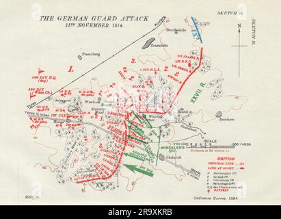 Angriff der Deutschen Garde am 11. November 1914. Schlacht von Ypern. WW1. 1925 alte Karte Stockfoto