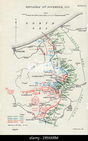 Schlacht um Ypern, Situation 10. November 1914. Erster Weltkrieg. 1925 alte Karte Stockfoto