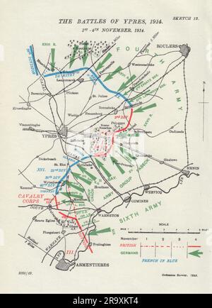 Schlacht um Ypern, 1.-4. November 1914. Erster Weltkrieg. 1925 alte Karte Stockfoto