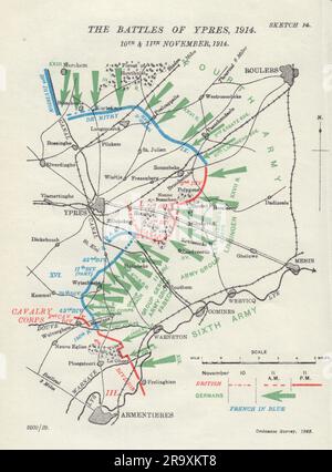 Battle of Ypern, 10. Und 11. November 1914. Erster Weltkrieg. 1925 alte Karte Stockfoto