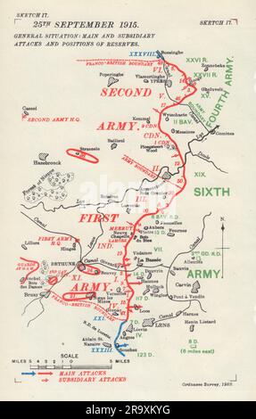 Westfront 25. September 1915. Angriffe Und Reserven. Erster Weltkrieg. 1928-Karte Stockfoto