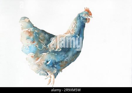 Farbenfroher Hahn, Aquarell, Kinderzimmer, tierische, trendige Wandkunst, handgemachtes Haus, Dekor, Gemälde Stockfoto