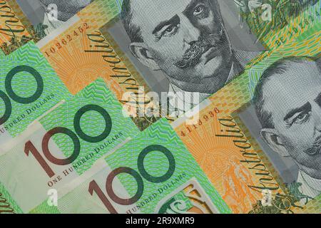 Australischer Hintergrund für $100-Banknoten, neue nicht in Umlauf gebrachte Banknoten Stockfoto