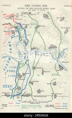 Somme, 1916. Angriff der Sechsten französischen Armee am 1. Juli. Erster Weltkrieg. 1932-Karte Stockfoto