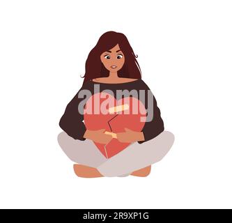 Eine Frau umarmt sich mit gebrochenem Herzen, Selbstfürsorge Stock Vektor