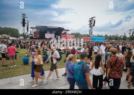 Werchter, Belgien. 29. Juni 2023. Die Abbildung zeigt den ersten Tag des Rock Werchter Musikfestivals in Werchter, Donnerstag, den 29. Juni 2023. Die 47. Ausgabe des Festivals findet vom 29. Juni bis zum 2. Juli statt. BELGA PHOTO VIRGINIE LEFOUR Kredit: Belga News Agency/Alamy Live News Stockfoto