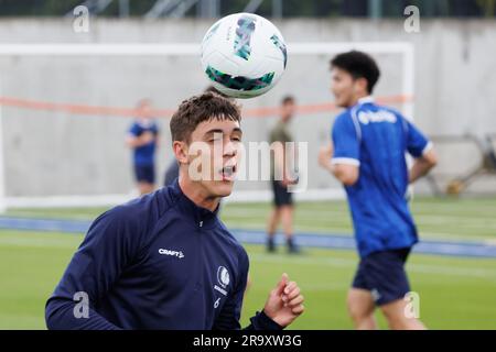 Gent, Belgien. 29. Juni 2023. Gents neuer Spieler Keegan Jelacic in Aktion während einer Trainingseinheit des belgischen Fußballteams KAA Gent, Donnerstag, den 29. Juni 2023 in Gent, um sich auf die kommende Saison 2023-2024 vorzubereiten. BELGA FOTO KURT DESPLENTER Kredit: Belga News Agency/Alamy Live News Stockfoto