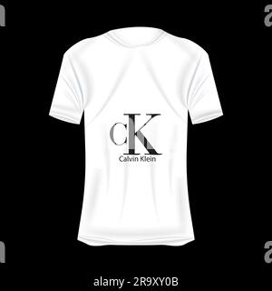 Calvin-Klein-Logo-T-Shirt in Weiß. Modell eines realistischen Trikots mit kurzen Ärmeln. Leere T-Shirt-Vorlage mit leerem Platz für Design. Ca Stock Vektor