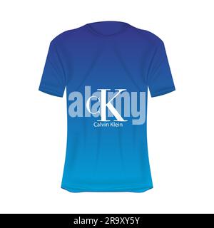 Calvin-Klein-Logo-T-Shirt in blauen Farben. Modell eines realistischen Trikots mit kurzen Ärmeln. Leere T-Shirt-Vorlage mit leerem Platz für Design. Kal Stock Vektor