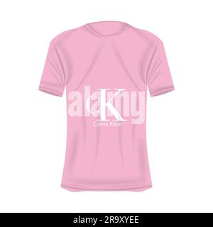 Calvin-Klein-Logo-T-Shirt in pinkfarbenen Farben. Modell eines realistischen Trikots mit kurzen Ärmeln. Leere T-Shirt-Vorlage mit leerem Platz für Design. Kal Stock Vektor