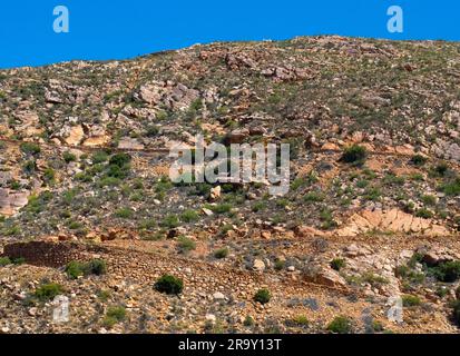 Trockene Steinmauern, Müllers Kloof, Swartberg-Pass. Haltewände mit einer Höhe von bis zu 13 Metern wurden aus Stein errichtet. Stockfoto