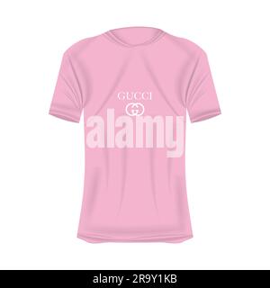 Gucci-Logo-T-Shirt-Mockup in Rosa. Modell eines realistischen Trikots mit kurzen Ärmeln. Leere T-Shirt-Vorlage mit leerem Platz für Design. Gucci-Kleie Stock Vektor