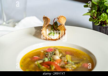 Gemüsesuppe mit Spargel, Pilzen und rosa Gnocchi (Rote Bete) auf einem weißen Teller. Toastvariationen am Rand der Platte. Vegetarisches Essen. Stockfoto