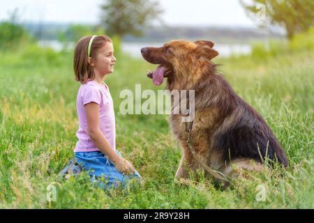 Ein Mädchen und ein Hund sitzen auf dem Gras auf einer Wiese und sehen sich gegenseitig in die Augen Stockfoto