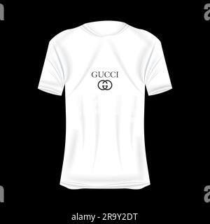 Gucci-Logo-T-Shirt-Mockup in Weiß. Modell eines realistischen Trikots mit kurzen Ärmeln. Leere T-Shirt-Vorlage mit leerem Platz für Design. Gucci BH. Stock Vektor