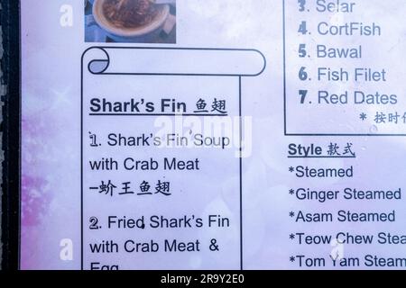 Kuala Lumpur, Malaysia - Mai 2023: Haifischflossensuppe auf der Speisekarte in einem chinesischen/malaiischen Restaurant Stockfoto