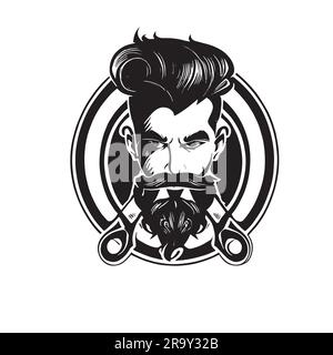 Barber Logo in Schwarz auf weißem Hintergrund. Retro-Modell eines bärtigen Hipstermanns mit Schnurrbart und Bart, von vorne gesehen. Stock Vektor