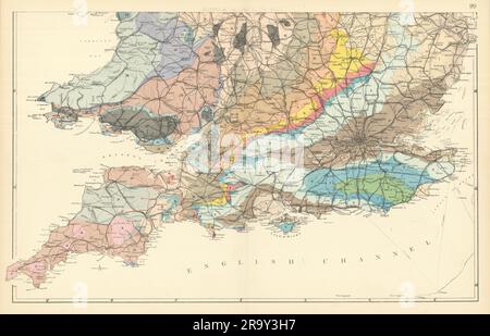 GEOLOGISCHE ENGLAND & WALES (Südblatt) antike Karte von GW BACON, 1891 Jahre alt Stockfoto