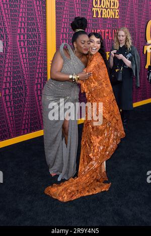 Megan Sousa und Teyonah Parris bei der Premiere des Netflix Films „Them Cloned Tyrone / sie hat Tyrone geklont“ im Hollywood Legion Theater. Los Angeles, 27.06.2023 Stockfoto