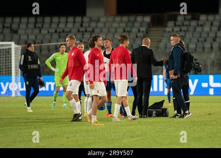 Cluj Napoca, Rumänien. 28. Juni 2023. Norwegen U21 SAD nach Verlust der Qualifikation im Viertelfinale während des UEFA European under-21 Championship 2023 Fußballspiels Schweiz U21 gegen Frankreich U21 im CFR Cluj Stadium in Cluj Napoca, Rumänien, 28. Juni 2023 Kredit: Independent Photo Agency/Alamy Live News Stockfoto