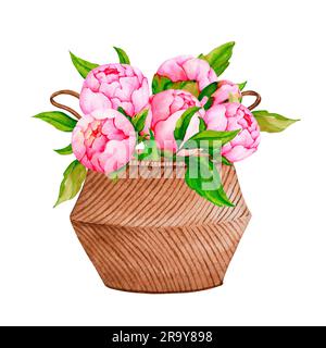 Strauß rosa Pfingstrosen in einem Korb isoliert auf weißem Hintergrund. Illustration für das Design von Einladungen, Karten, Grußkarten, Logos, Etiketten, RZ Stockfoto