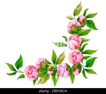 Aquarelle Eckkomposition mit pinkfarbenen Pfingstrosen. Botanische Illustration. Hochzeit, Valentinstag, Geburtstag, Jubiläumsdesign. Stockfoto