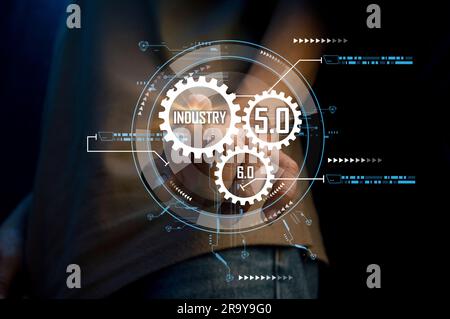 Das Konzept der Entwicklung eines Systems künstlicher Intelligenz, das mit Menschen interagieren und im Industrie-5,0-System verwendet werden kann. Stockfoto