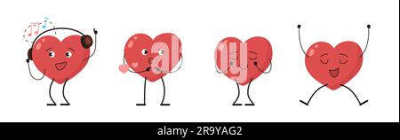 Fröhliche Cartoon Herz Charaktere Vektor Set. Harmonie, Charakter, Animationskonzept. Liebe mit verschiedenen Emotionen. Alles Gute zum Valentinstag Stock Vektor