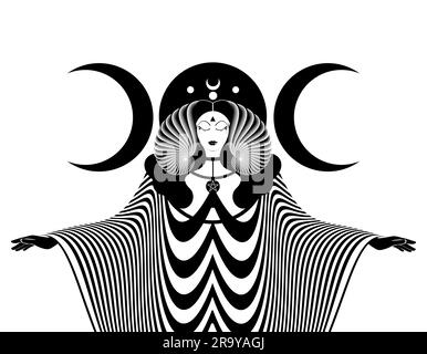 Magische Dreifachgöttin, Priesterin. Schöne Fee mit Hörnern und langem Kleid. Gotische Hexe, Wicca, heiliges weibliches Design, magischer schwarzer Mond. Vektor Stock Vektor