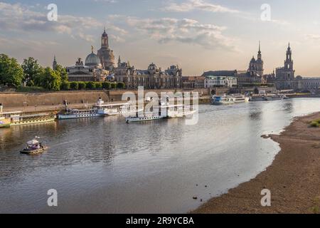 Elbpanorama mit Dresdner Frauenkirche. Auf der Elbe drei Boote der Weißen Flotte Dresden. Mit neun historischen Raddampfern ist dies die älteste und größte Flotte von Raddampfern der Welt. Die Elbe wird zwischen Diesbar-Seußlitz und Bad Schandau befahren. Dresden, Deutschland. Dresden an der Elbe Stockfoto