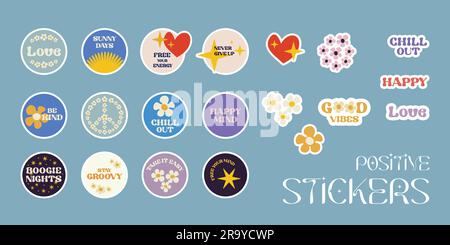 Setze positive Sticker im groovy Retro-Style Stock Vektor
