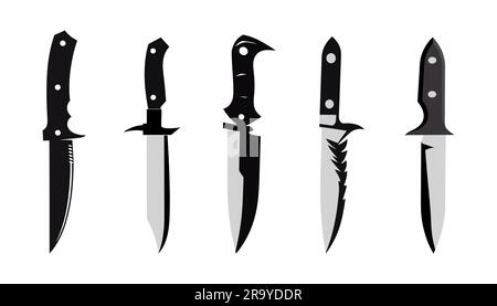 Setzen Sie das schwarze Messersymbol in flacher Form isoliert auf weißem Hintergrund. Symbol für Jagdmesser. Vektordarstellung Stock Vektor