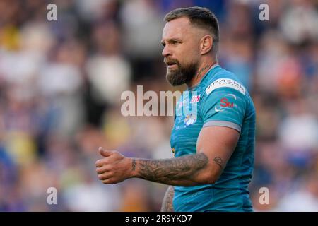 Warrington, Großbritannien. 29. Juni 2023. Blake Austin #6 von Leeds Rhinos Gesten während des Spiels der Betfred Super League Round 17 Warrington Wolves gegen Leeds Rhinos im Halliwell Jones Stadium, Warrington, Großbritannien, 29. Juni 2023 (Foto von Steve Flynn/News Images) in Warrington, Großbritannien, am 6./29. Juni 2023. (Foto: Steve Flynn/News Images/Sipa USA) Guthaben: SIPA USA/Alamy Live News Stockfoto