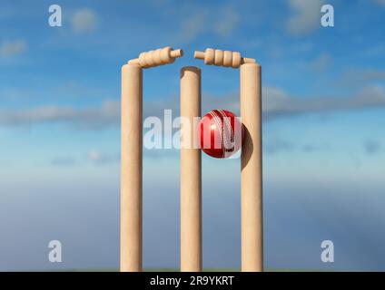 Ein roter Cricket-Ball mit Holzkricket-Wickets mit beweglichen Grillen am Tageshimmel – 3D-Rendering Stockfoto